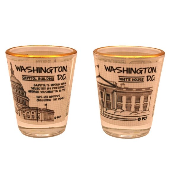 Set 2 Shot Glasses Washington D.C. White House Capitol Bldg Gold Rim Collect NEW - Picture 1 of 9